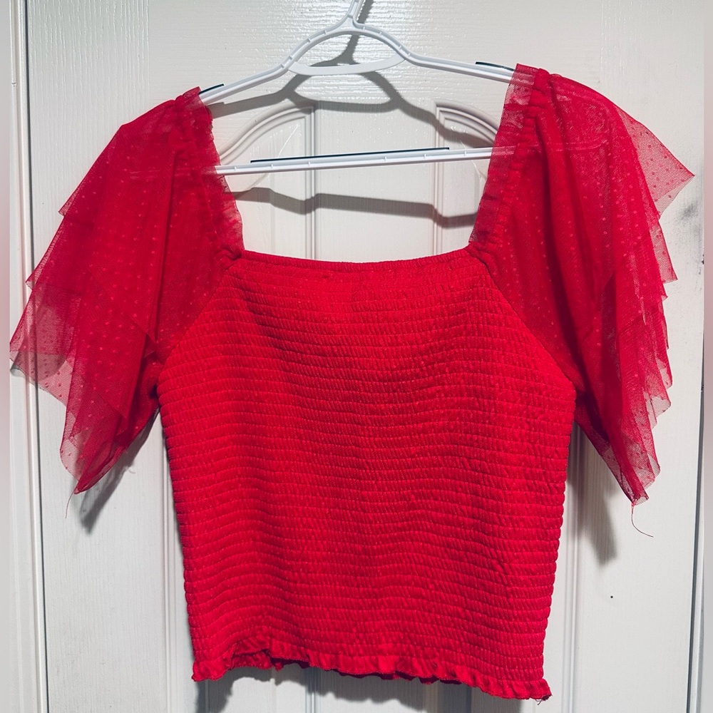 Willow & Root Square-Neck Smocked Puff-Sleeve/tulle Top in Coral - Picture 5 of 15
